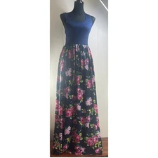 Navy Blue Floral Maxi Dress Sleeveless Casual Spring Summer Sun Dress