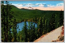 Vtg Linen Postcard Blue Lake & MT Mount Washington, OR 1940s