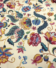 Jacobean Floral Upholstery Fabric 3/4 Yd Blue Pink Red Gold Pale Yellow