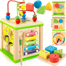 Wooden 7-In-1 Activity Cube Montessori Toys for 1 2 3 Year Old Toddlers Baby E