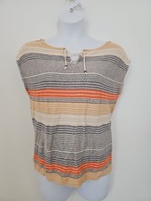 Chaps Wovem Linen Blend Pullover Top Laced V-neck Large Cap Sleeve Striped