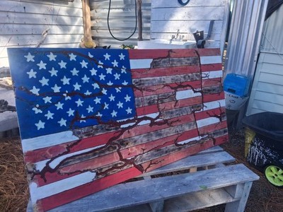 American Flag with fractal Woodburn and epoxy on plywood