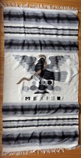 Vtg Mexican Woven Wool Blanket Poncho Rug Thunderbird  Snake Striped Gray