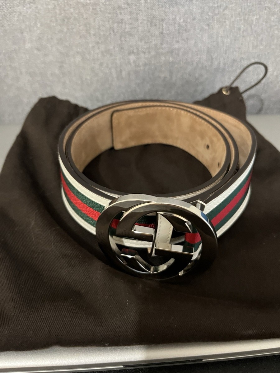 Gucci Silver Buckle Leather Belt, Web Green White Red Size90  display picture 3