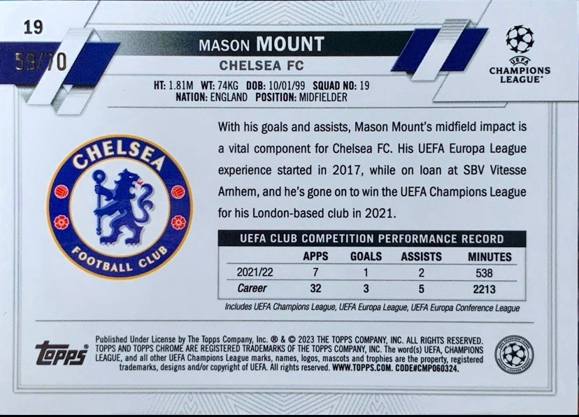 2022-23 Topps Chrome Sapphire Mason Mount Green 59/70 England Chelsea - Image 2 of 3