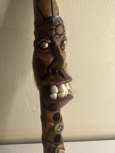 primitive native Bamboo Totem 10" Flute with totem face/real teeth semi-precious