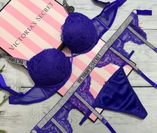Victoria's Secret Shine Strap Bombshell Lace Push Up Bra 3 pcs Set Violet