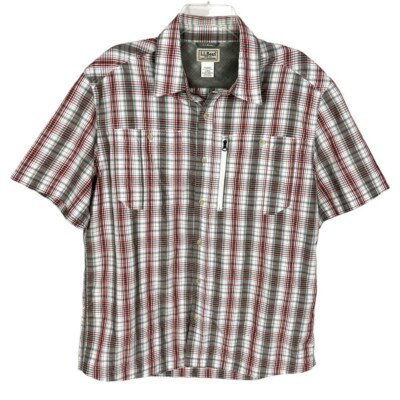 L.L. Bean Red Gray Plaid Nylon Blend Active Outdoor Short Sleeve Button Shirt Lg