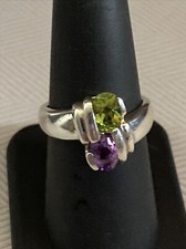 Beautiful Designer Signed Sterling Silver Peridot Amethyst Ring Size 7.5