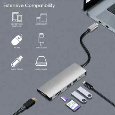 MiCAR USB TYP C HUB 3.0 2.0 4K HDMI BUCHSE PORT MICRO SD KARTENLESER 7IN1 RG45