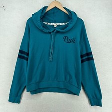 PINK by VICTORIAS SECRET Sweatshirt Large Graphic Logo Terry Lined Pullover Teal