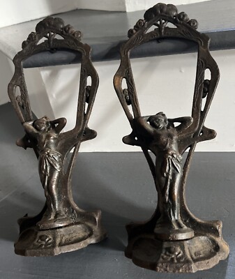 Antique Vanity Mirror Art Nouveau Deco Cast Iron Lady Nymph Frames 12  Tall PAIR