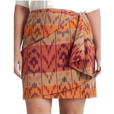 Lauren Ralph Lauren Geo-Motif Cotton-Linen Wrap Skirt brown orange Sz 12