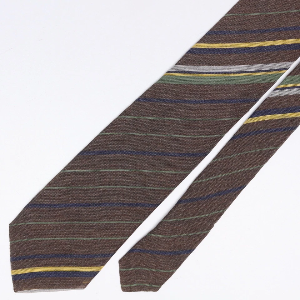 John G Hardy Mens Wool Silk Necktie Brown Yellow Green Stripe Weave Lightweight - Image 2 of 4