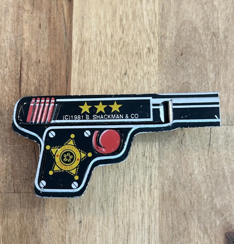 VTG 1981 SHACKMAN & CO Toys Tin DEPUTY SHERIFF Gun Shaped WHISTLE CLICKER WORKS