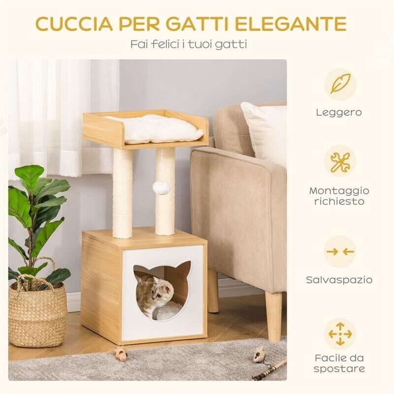 Casetta per gatti con tiragraffi in sisal, cuscini lavabili, 35x35x81cm, quercia foto 4