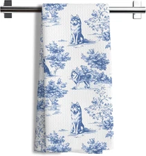 Chinoiserie Husky Dog Kitchen Towels,Blue and White Floral Botanical Husky Grand