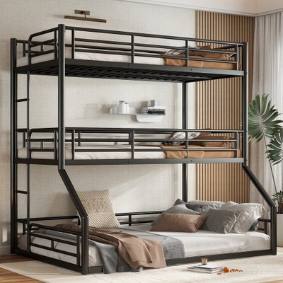 Twin over Twin over Full Bunk Bed, Metal Triple Bunk Bed with Safety Guardrails