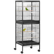 PawHut 2 In 1 Large Bird Cage with Wheels, Slide-out Trays Wood Perches