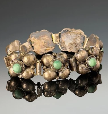 Vintage Mexican Silver & Green Turquoise Puffy Flower Bracelet 7" 32g - Image 1 of 4