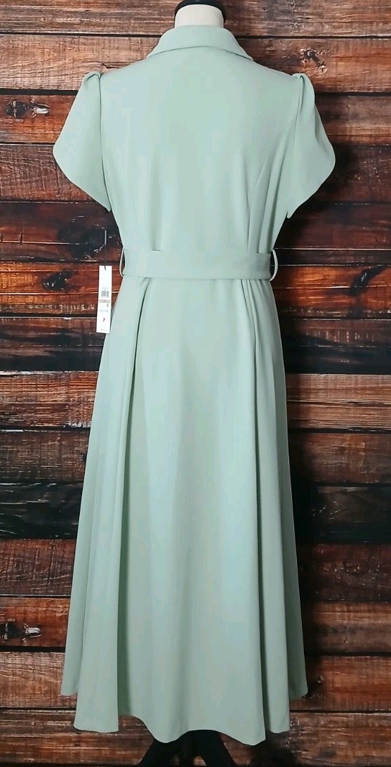 Calvin Klein Midi Dress 12 Tulip Sleeve Belted Mint Green Button Front Retro NWT thumbnail 6