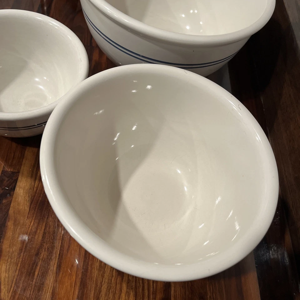 Gibson Farmhouse Set Of 3 White Double Blue Stripes Mixing Nesting Bowls Stone - Image 3 of 4