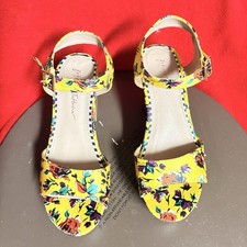 Sandals:Betsey Johnson Yellow Floral Block Heel Strappy Sandals with Ankle Strap