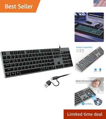 Wired Backlit Keyboard for Windows/Mac,Aluminum Slim & Quiet Full Size Keyboa...