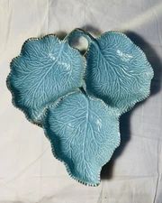 Vintage Blue W/Gold Leaf Divided Candy/Nut, Relish Dish USA Cal Ceramic