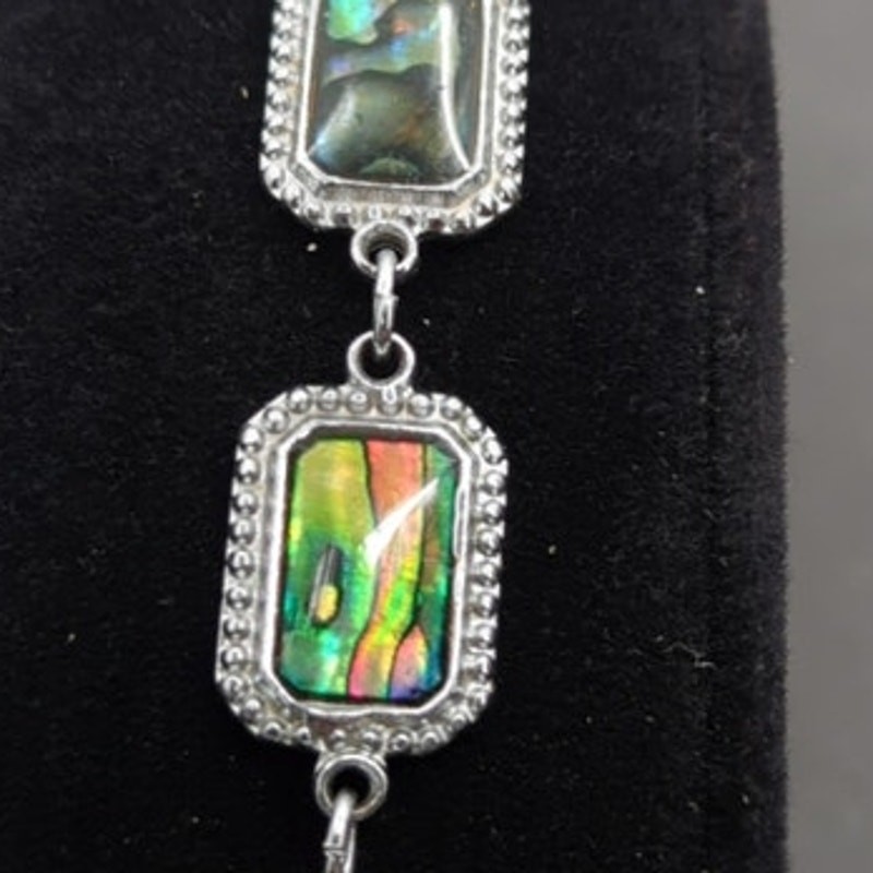 Vintage Abalone Inlay Rectangular Link Silver Bra… - image 2