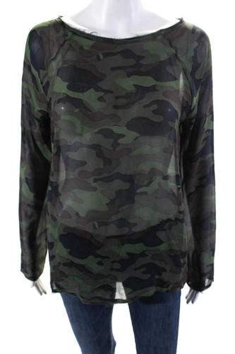 Nili Lotan Damen Seide Camouflage Print Langarm Shirt Bluse Grün Größe XS