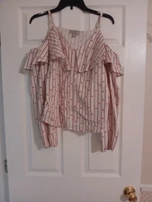 Belle & Sky Large Long Sleeved Button Up Blouse White with Stripes and Flowers