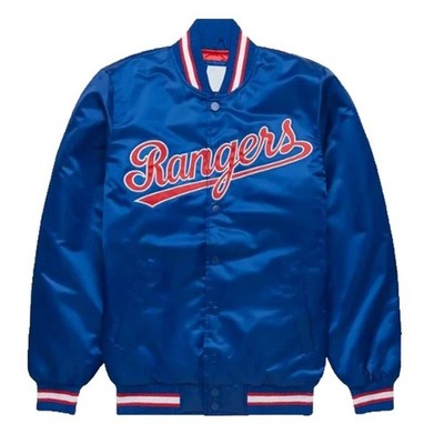 Men's T Rangers Full-Snap Varsity Jacket Blue Satin Bomber Style Varsity Jacket
