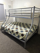 Grey Metal Double Bunk Bed Frame with Built-In Ladder & Guard Rails