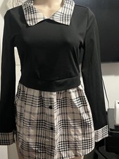 SHEIN Black White Plaid Knit Shirt Dress Collared Button Long Sleeve M