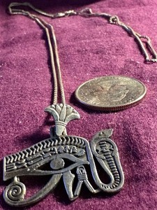 Egyptian Revival Vintage Silver Eye of Horus & Cobra Pendant Necklace