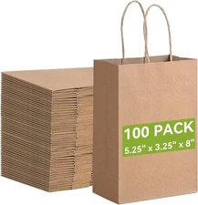100Pcs 5.25x3x8 Inches Gift Bags Small Paper Bags with Handles Bulk Kraft Brown