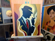 Original Modern Figurative Painting 11x14 – Noir Male Silhouette, Hat & Cigarett