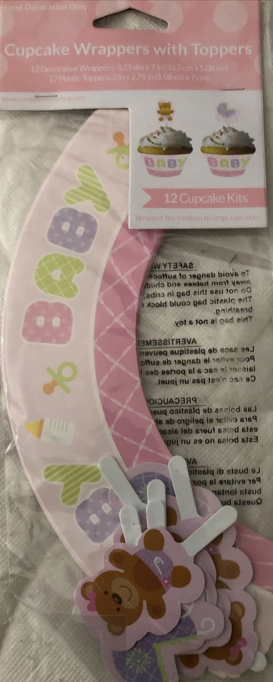 12 ct Girl Baby Teddy Bear Baby Shower Decorations Party Cupcake Wrappers picks - Image 2 of 3