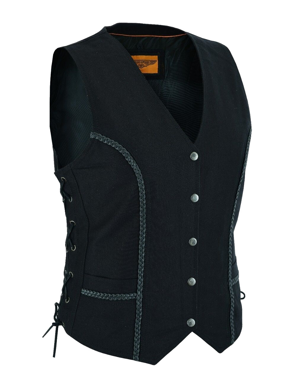 Women's Black Denim Vest with Concealed Carry Pockets & Braided Lace Trim