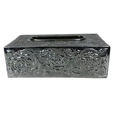 Vintage Tissue Box Cover Silver-Tone Metal Floral Embossed Rectangular