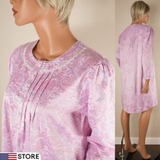 MISS ELAINE Petites Pink Satin Nightgown Paisley Long Sleeve PM