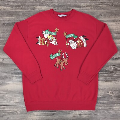 Vtg Ugly Christmas Sweatshirt Blair Womens Large 80s Red Peace Love Joy