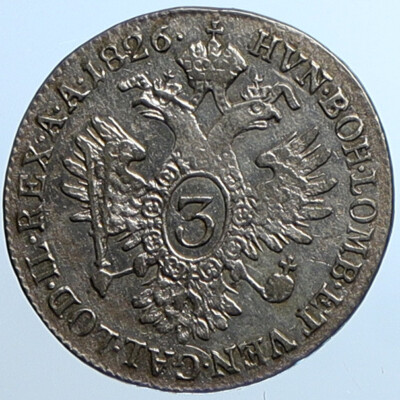 1826 E AUSTRIA King FRANCIS I (II) OLD Habsburg Silver 3 Kreuzer
