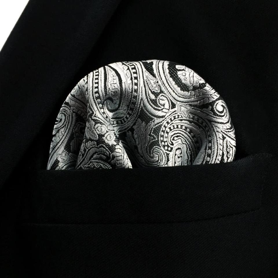 Mens Pocket Square Paisley White Black Elegant Large Party Woven eBay