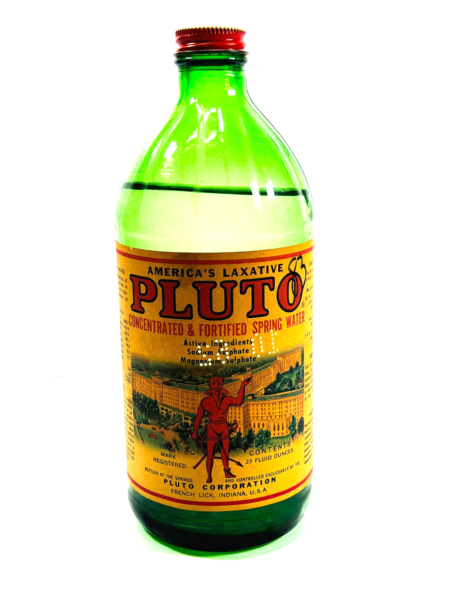 RARE Pluto Laxative Spring Water Green Glass Bottle w/ Label DEVIL
