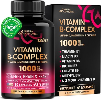 Vitamin B Complex for Men & Women - Made in USA - 60 Count (Pack of 1) 
