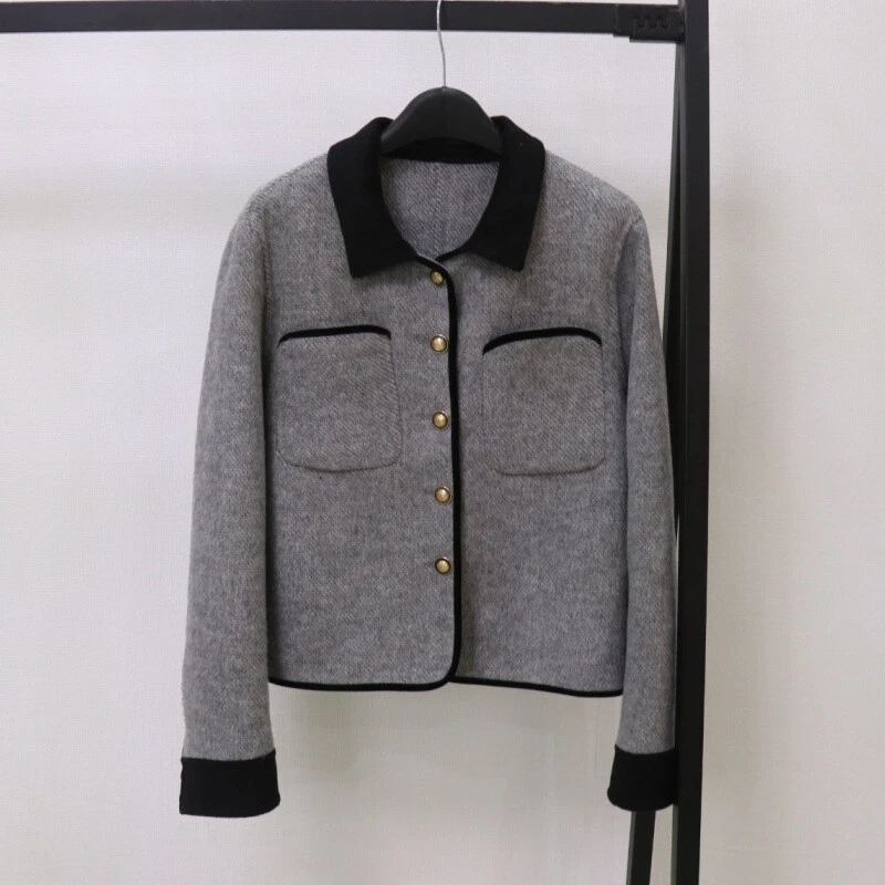 OFF WHITE Cappotto donna lana double face giacca corta soprabito bottoni cashmere stile coreano