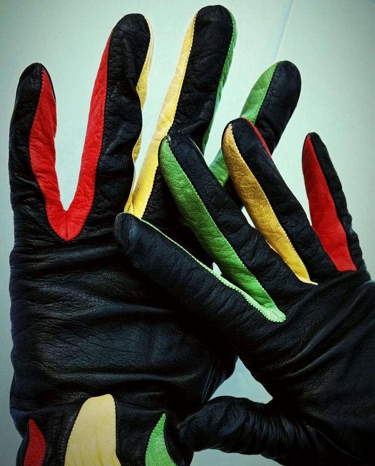 Guantes de cuero vintage únicos Art Deco para damas negros y multicolores geométricos únicos en su clase Foto 3 de 4