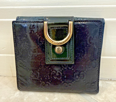 Gucci Vintage Patent Green Leather Blue Inside Monogram Wallet Horsebit *AS IS